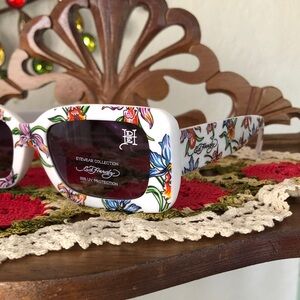 NEW Ed Hardy White Floral Rectangular Sunglasses